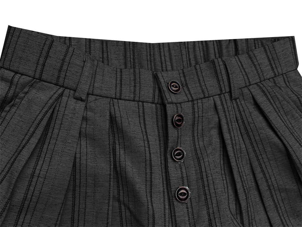 Pantalones de pierna ancha de rayas con pinzas – Corte relajado y cierre frontal de botones