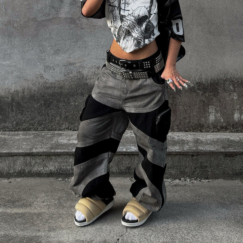 Baggy Cargo Pants Men's Black Grey Patchwork Wide-Leg Tactical Trousers