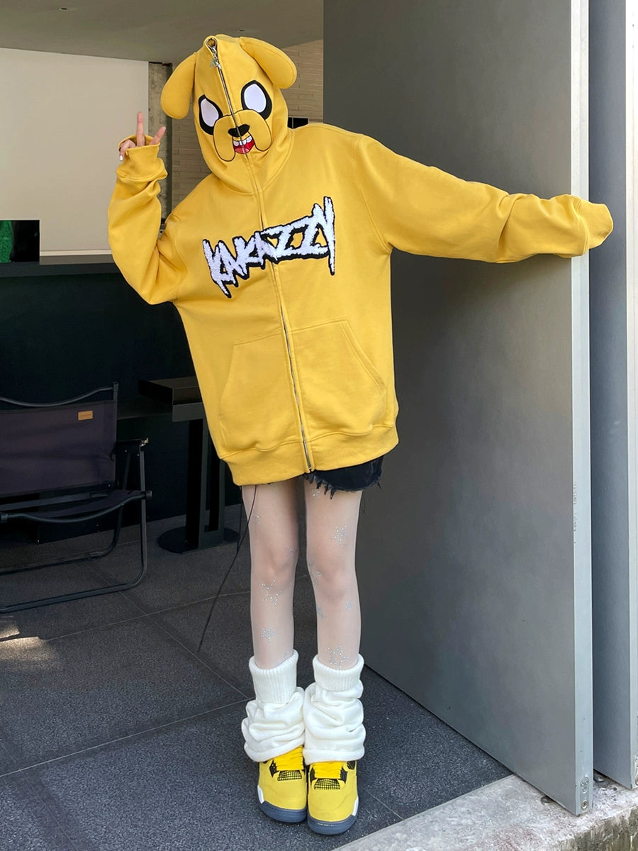 Kawaii Yellow Dog Hoodie - 400GSM Cotton Oversized Zip-Up Hoodie for Anime Streetwear Fans