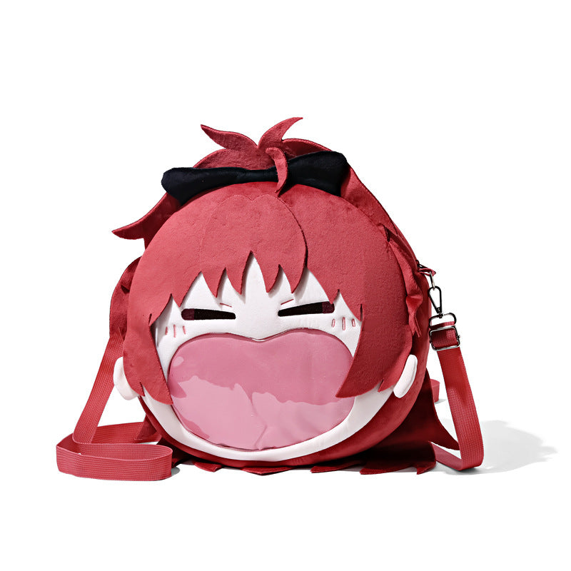 The Seakoff Madoka Magica Kyoko Sakura Plush Shoulder Bag features a fun anime design inspired by Kyoko's face, with vibrant red hair, black bow, and a pink heart-shaped transparent mouth pocket. It comes with a matching red strap and whimsical details for her iconic hairstyle and ears.