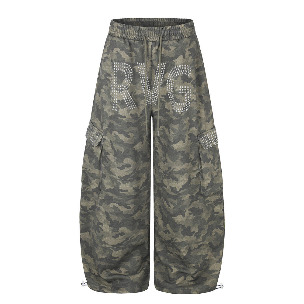 Men's Camo Wide-Leg Cargo Pants with Rhinestone Letters & Multi-Pocket Design