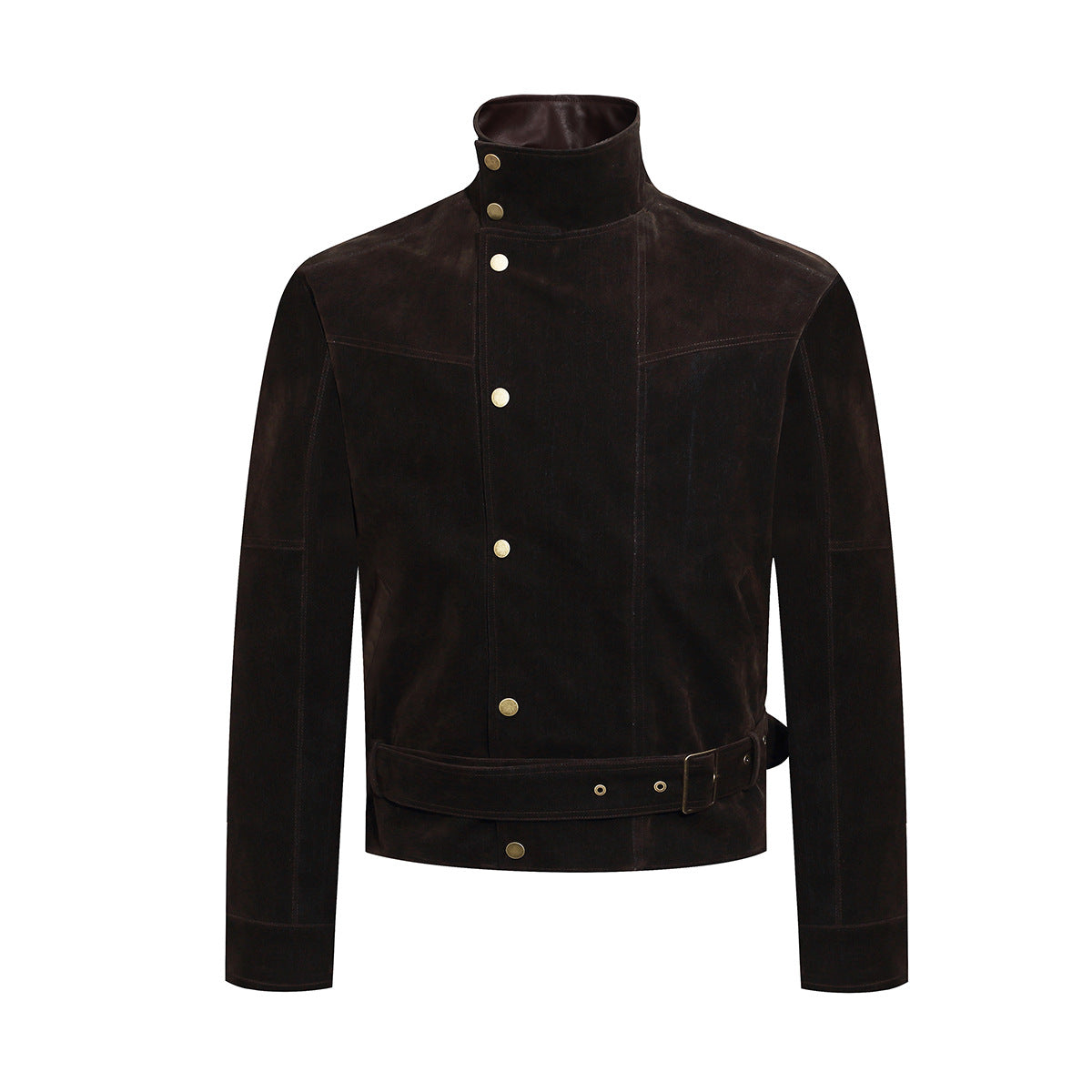 Dark Brown Suede Moto Jacket – Snap Button Stand Collar Belted Harrington