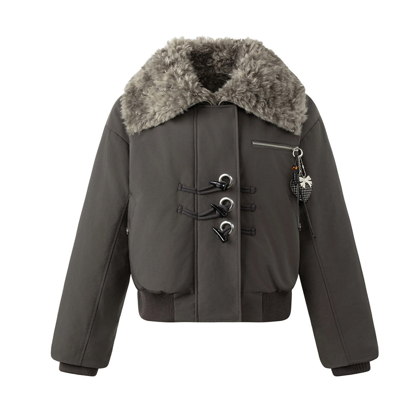 Fur Collar Cotton-Padded Bomber Jacket with Horn Toggle Buttons – Dark Grey