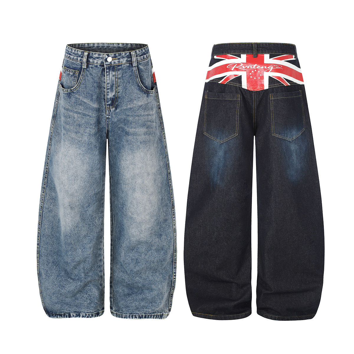 Jean baggy délavé clair – Denim à jambes larges avec imprimé Union Jack