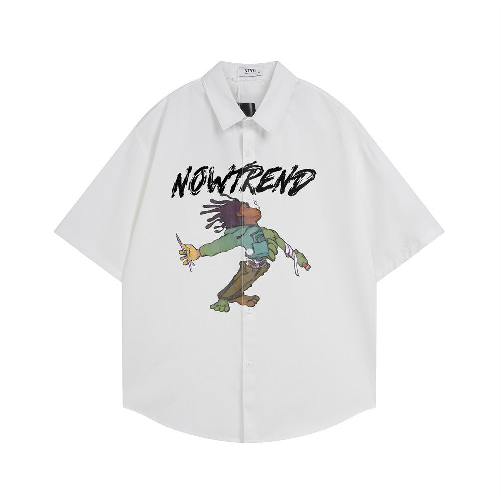 NOWTREND oversized graphic short-sleeve shirt with animated character print in white colorway, front view