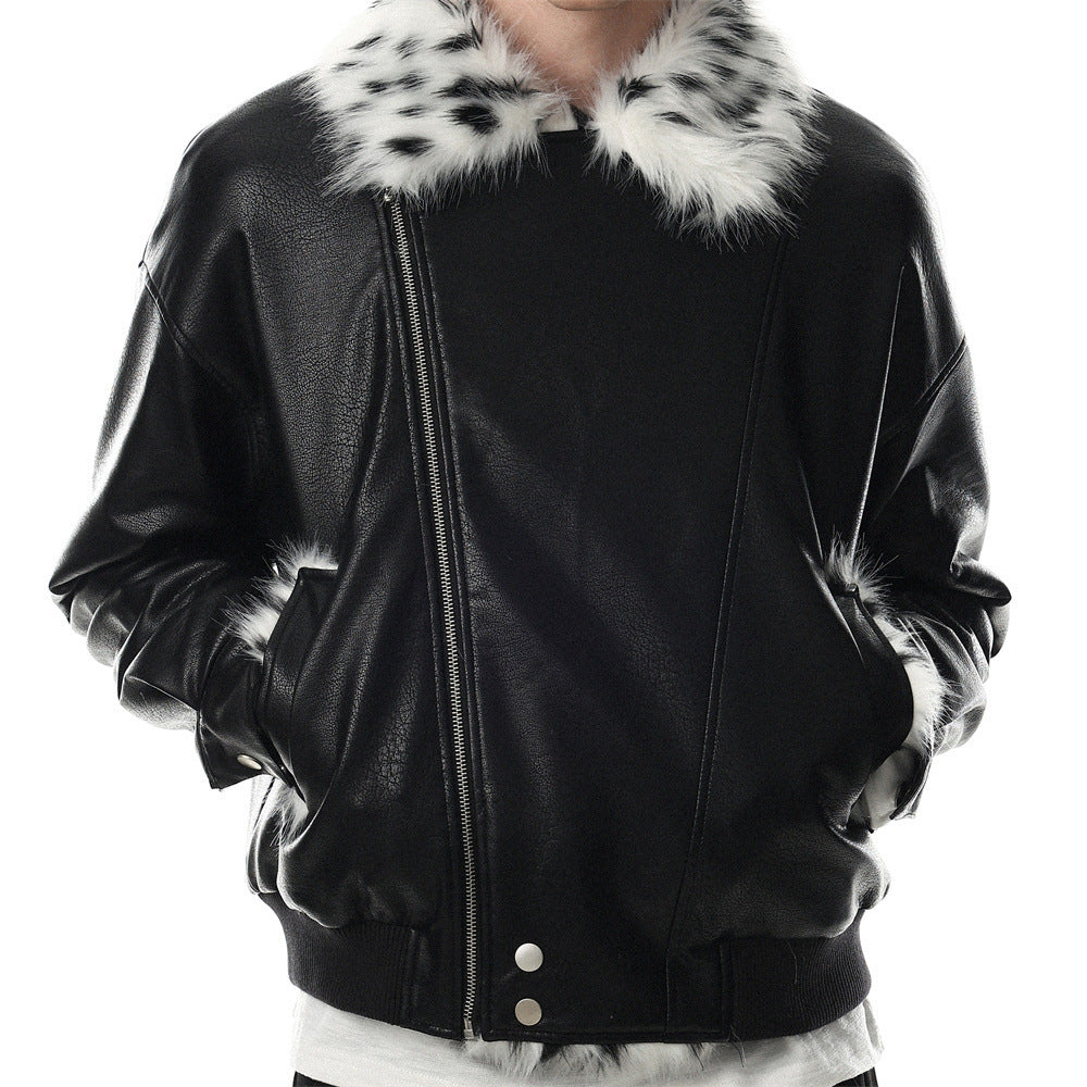 Men's Faux Leather Bomber Jacket with Diagonal Zip & Faux Fur Collar