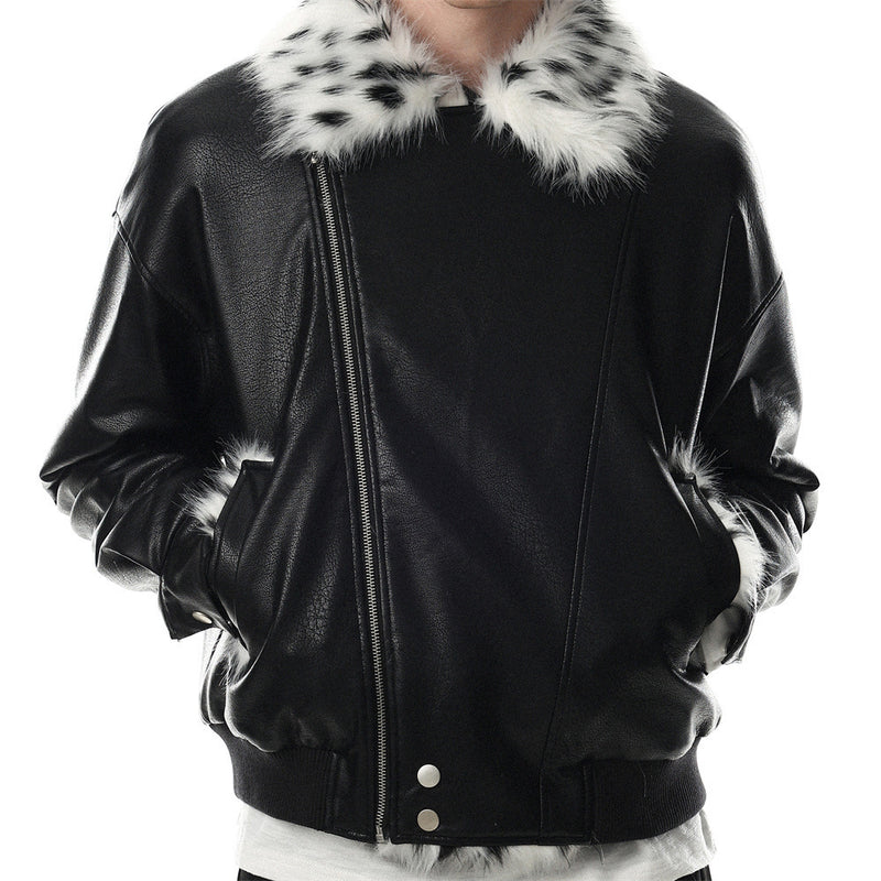 Men's Faux Leather Bomber Jacket with Diagonal Zip & Faux Fur Collar