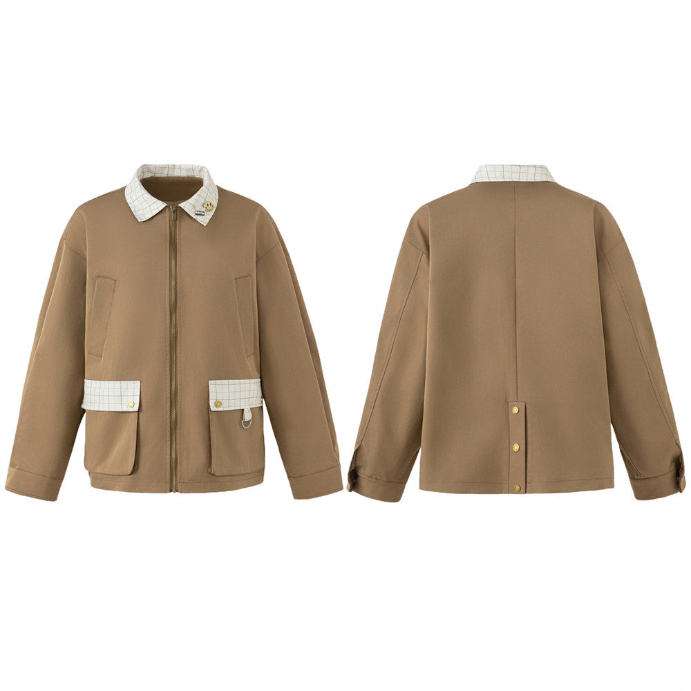Men's Cargo Zip Jacket with Plaid Contrast Collar and Patch Pockets — Khaki