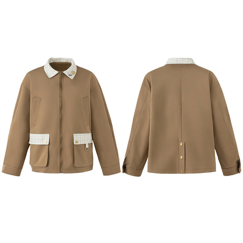 Men's Cargo Zip Jacket with Plaid Contrast Collar and Patch Pockets — Khaki