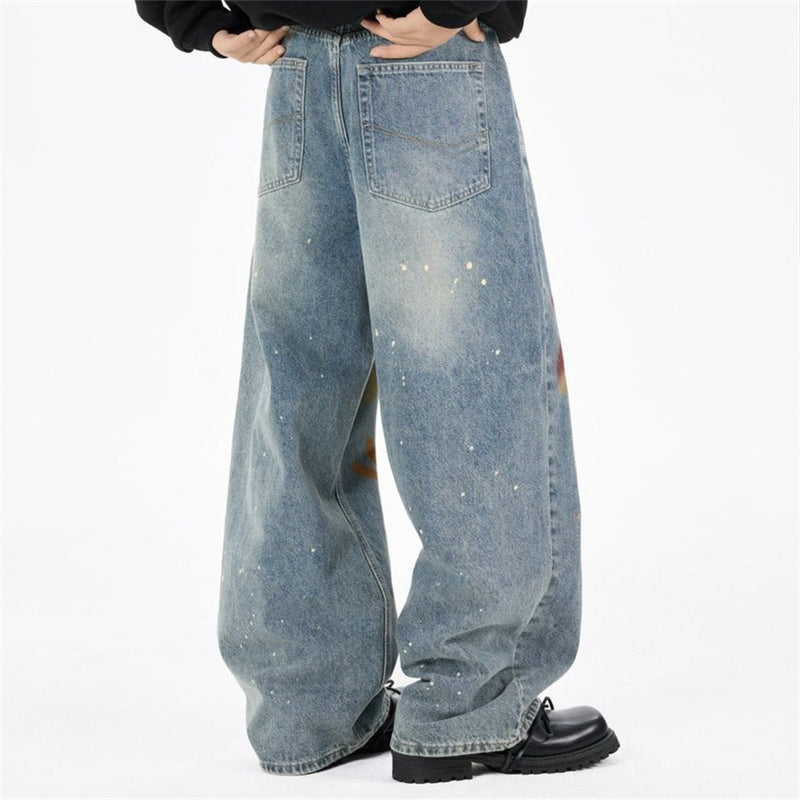 Men's Relaxed Fit Jeans with Floral Graffiti Print – Wide Leg Straight Denim