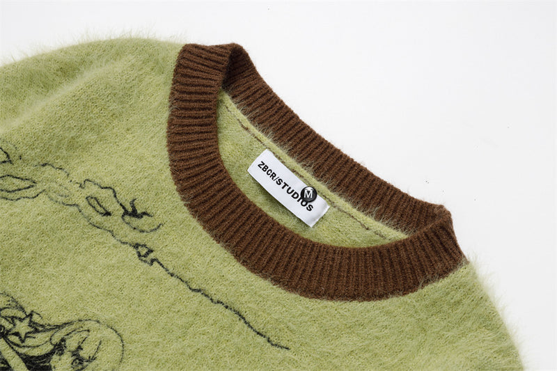 Anime Cartoon Print Crewneck Fuzzy Sweater – Oversized Color-Block Knit Pullover
