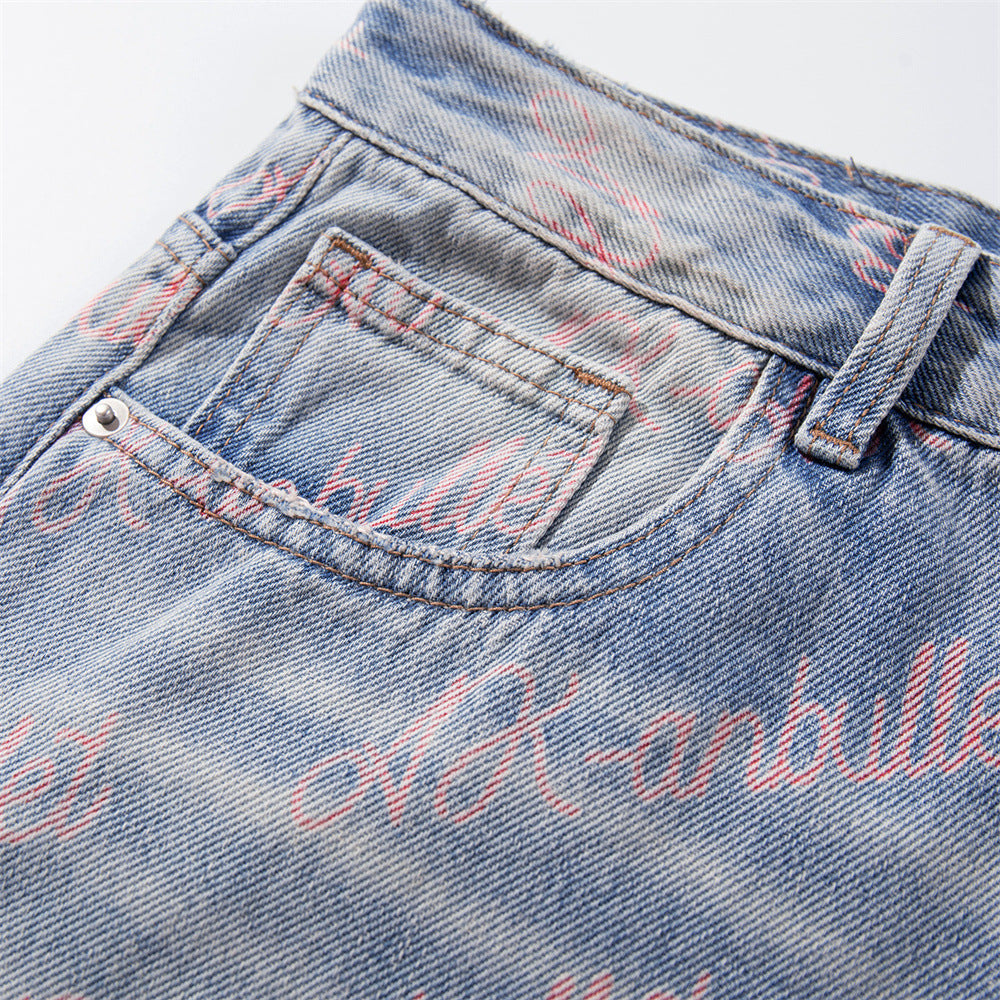 Wide-Leg Jeans with Allover Pink Script Print – Light Blue Washed Denim
