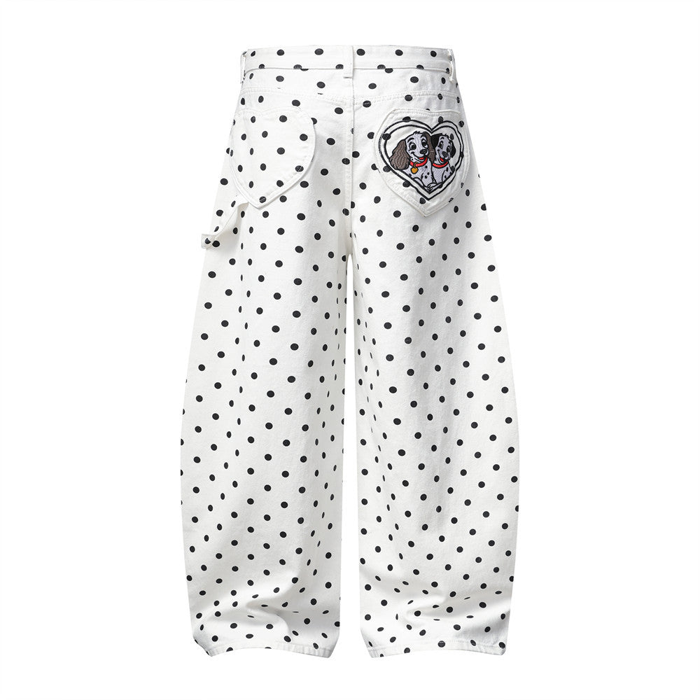 Pantalon baggy wide-leg à pois avec broderies cartoon dalmatien