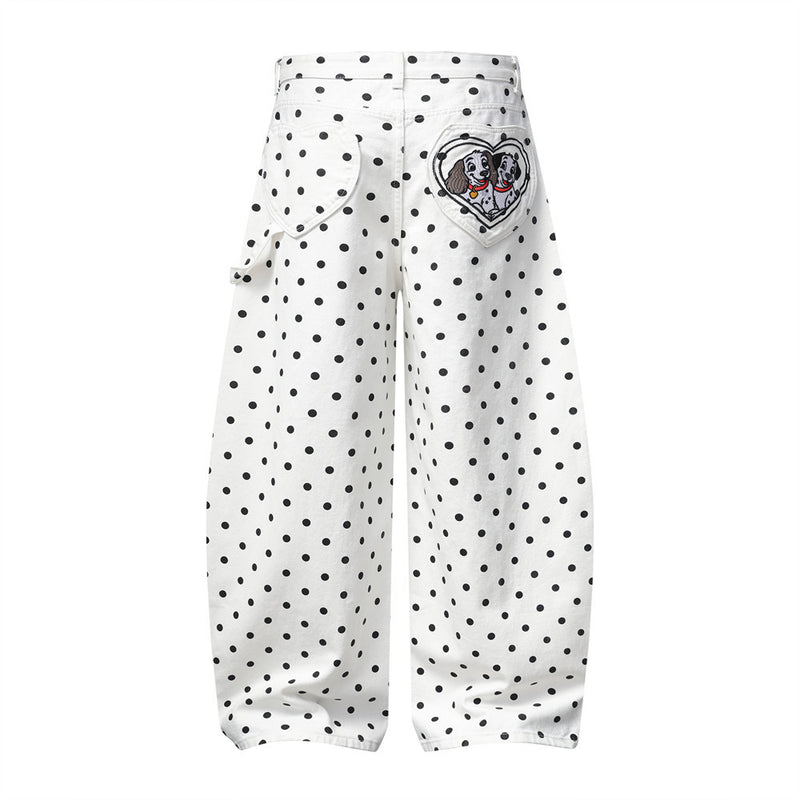 Pantalon baggy wide-leg à pois avec broderies cartoon dalmatien