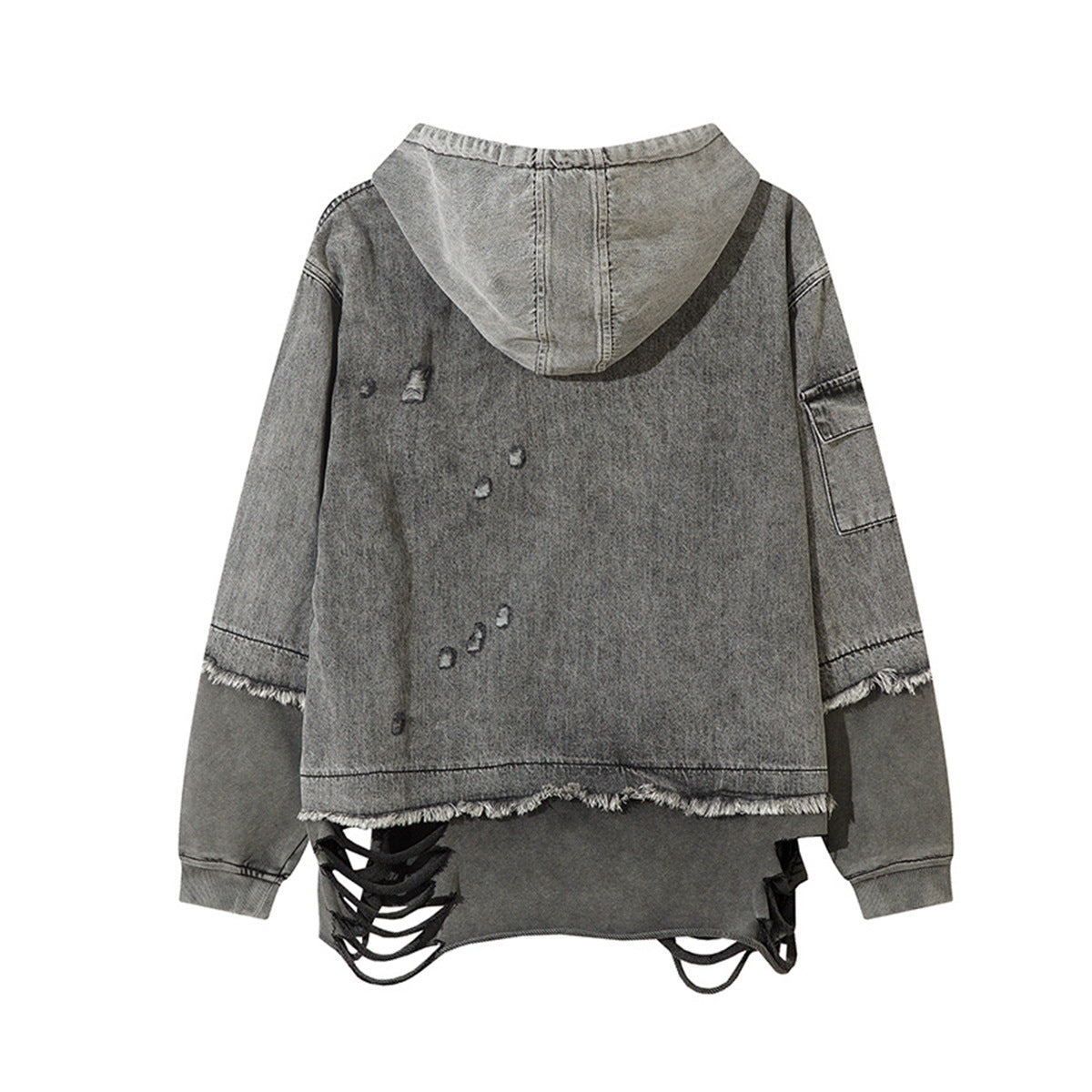 Sweat à capuche en denim délavé et déchiré – Broderie SMK, ourlet brut et détails usés