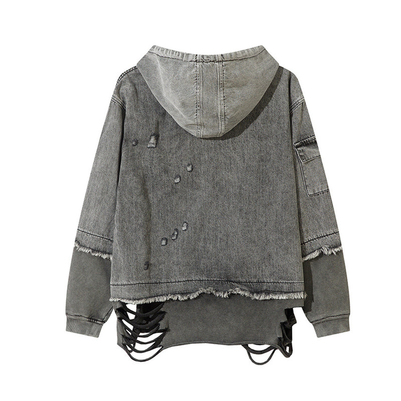 Sweat à capuche en denim délavé et déchiré – Broderie SMK, ourlet brut et détails usés