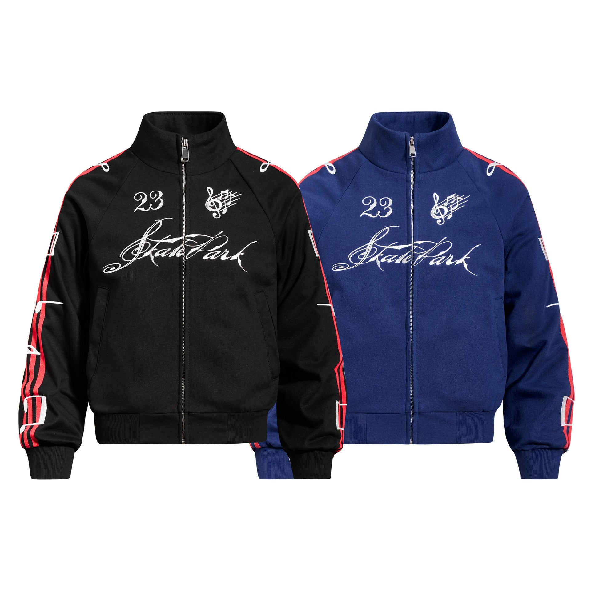Track Jacket Stand Collar Full-Zip with Script & Music Note Graphics