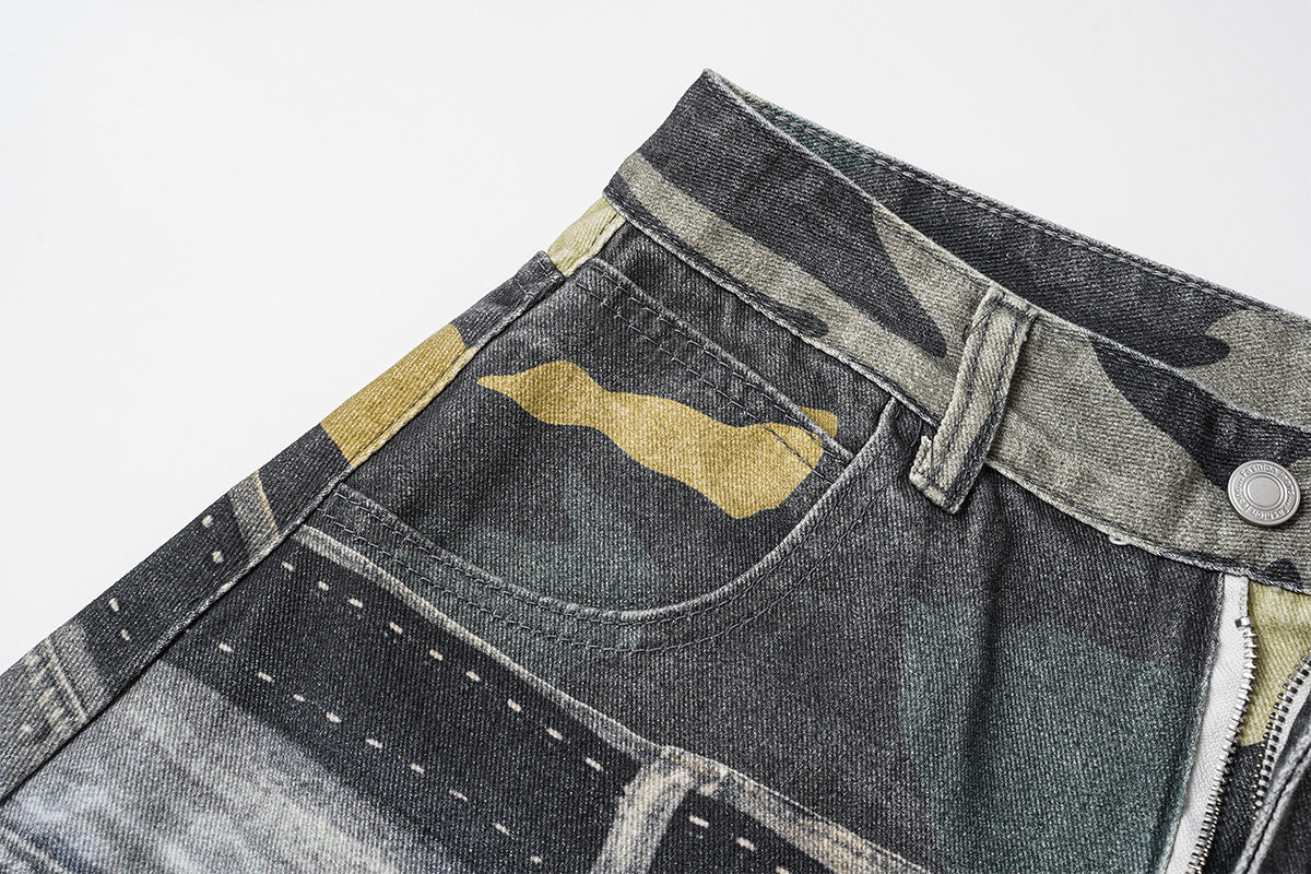 Baggy Wide-Leg-Jeans – Camouflage-Patchwork, Distressed-Denim, Nähte mit Nieten & Gürtel