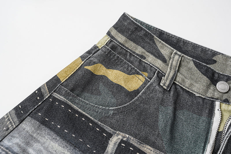 Baggy Wide-Leg-Jeans – Camouflage-Patchwork, Distressed-Denim, Nähte mit Nieten & Gürtel