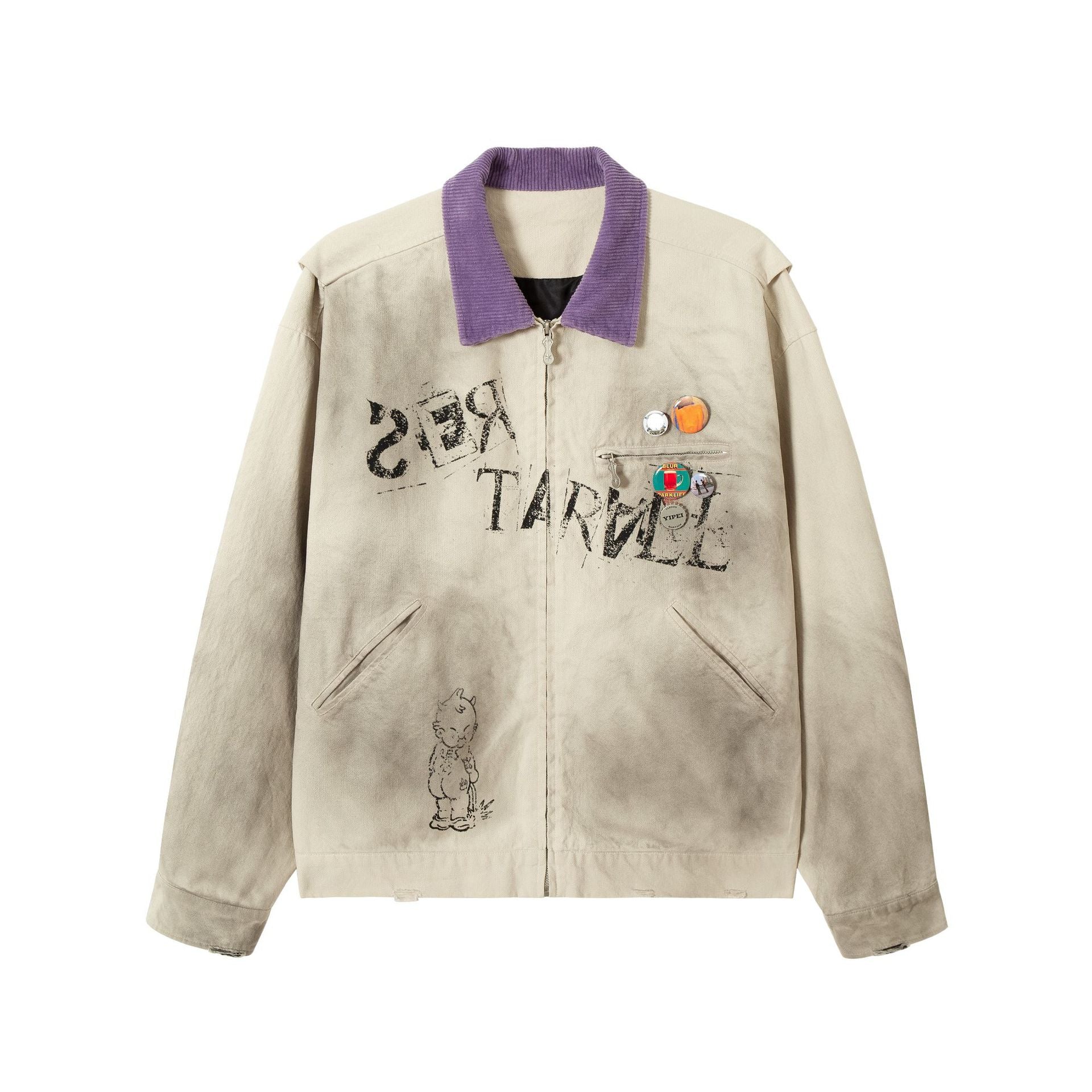 Veste zippée à imprimé graphique – Coton délavé effet usé, col violet et badge