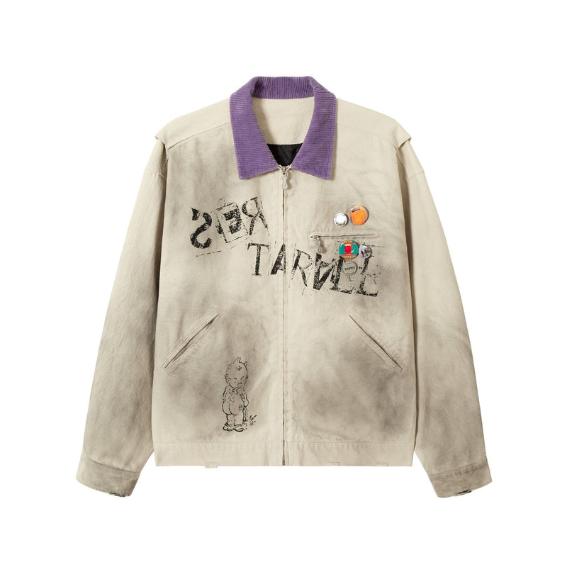 Veste zippée à imprimé graphique – Coton délavé effet usé, col violet et badge