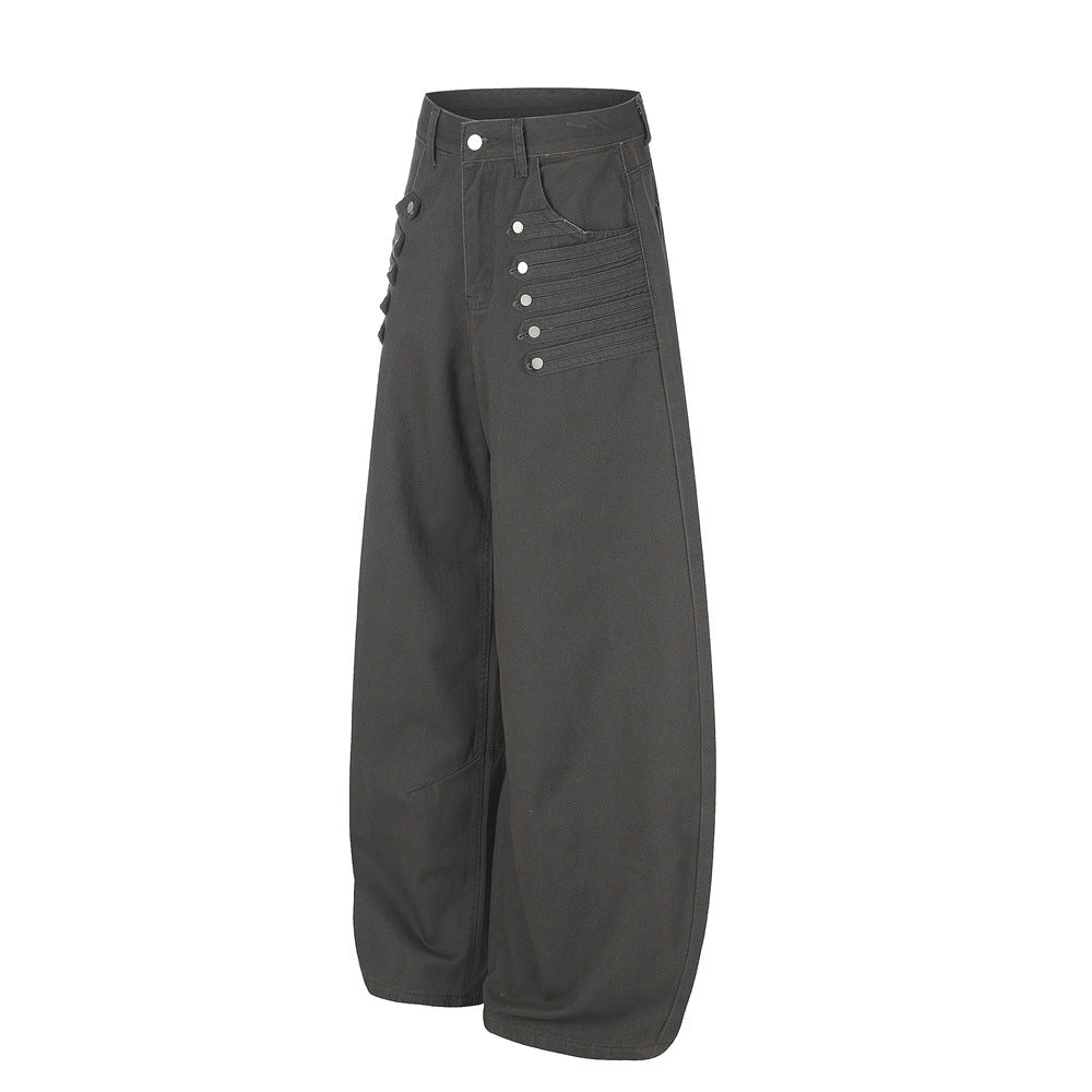Men's Wide-Leg Barrel Pants with Decorative Button Detail