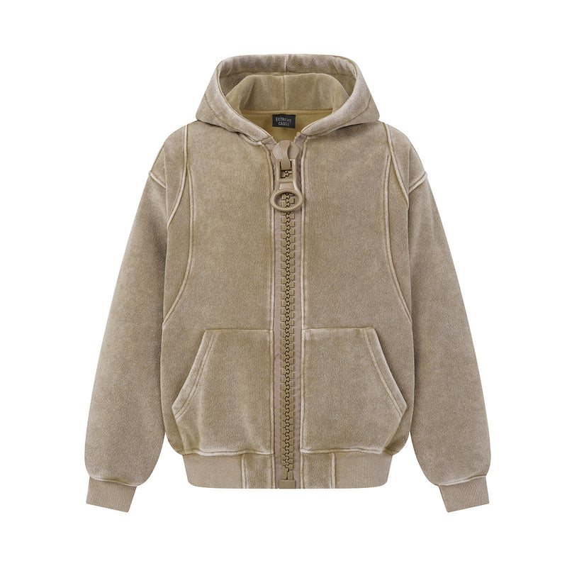 Oversized Acid Wash Zip-Up Hoodie – Heavyweight Fleece-Lined Men's Hooded Jacket