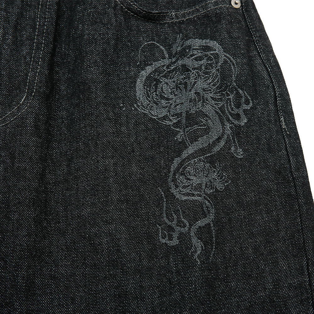 Men's Wide-Leg Black Jeans – Dragon Embroidery Straight Leg Denim