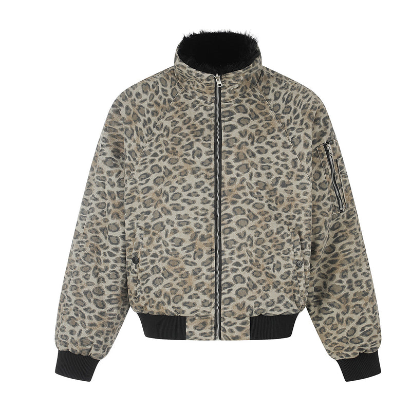 Reversible Faux Fur & Leopard Print Bomber Jacket – Oversized Retro American
