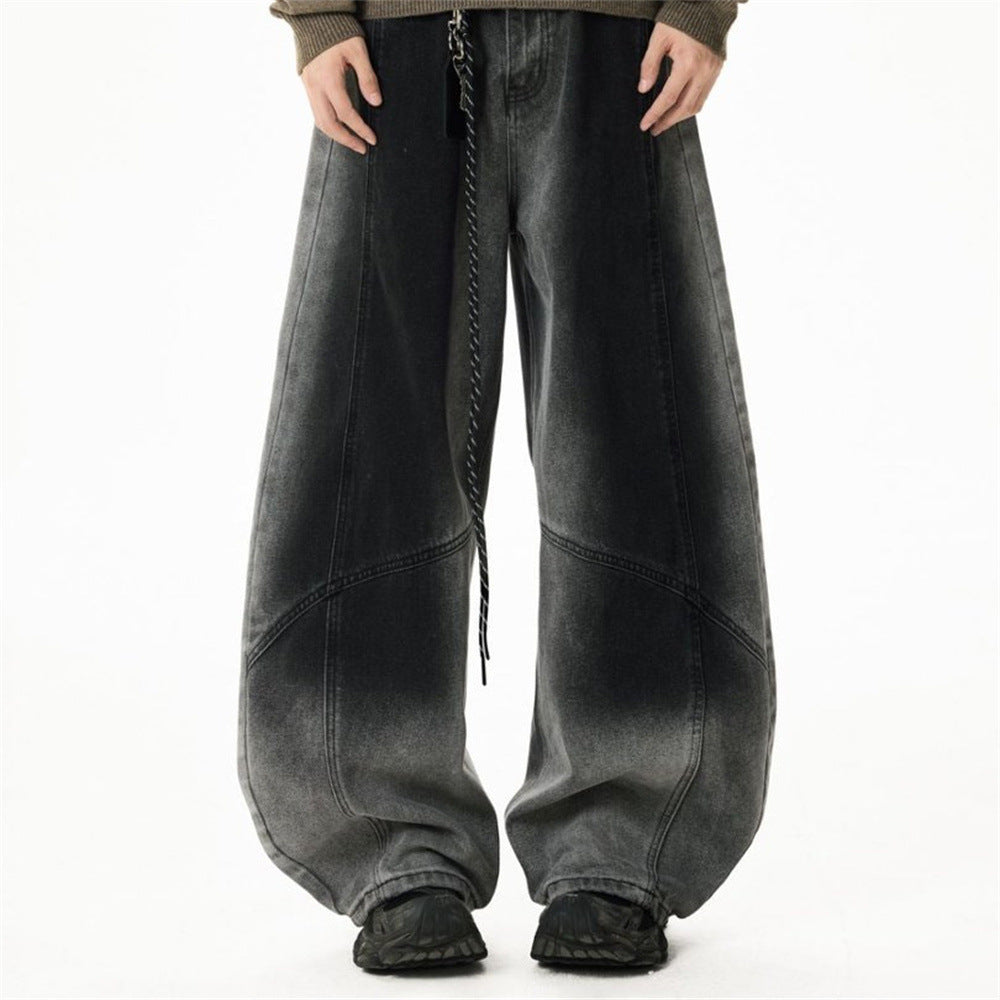 Wide-Leg Gradient Washed Jeans – Deconstructed Curved Seam Baggy Denim