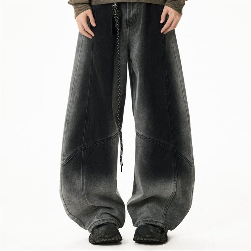 Wide-Leg Gradient Washed Jeans – Deconstructed Curved Seam Baggy Denim