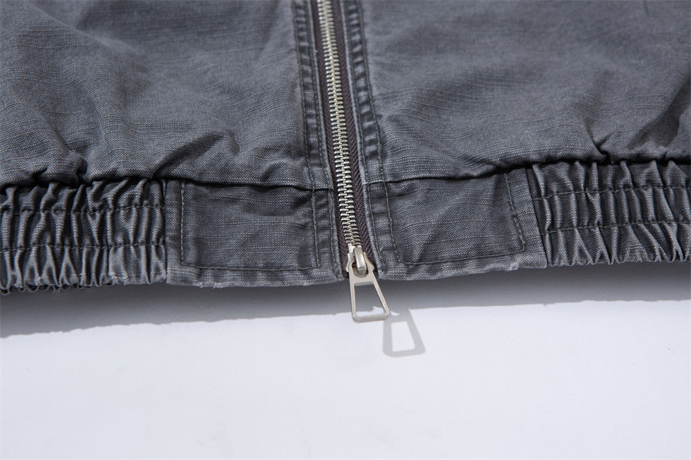 Washed Cargo Bomber Jacket – Men's Stand Collar Multi-Pocket Workwear Jacket