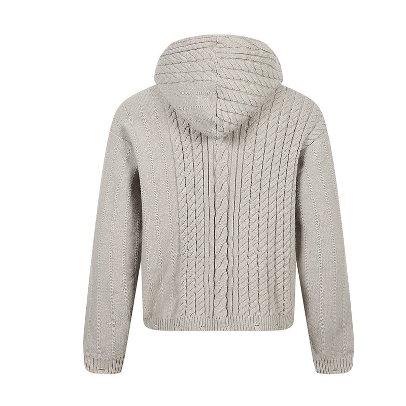 Cable Knit Zip-Up Hoodie Sweater – Irregular Twist Pattern Cardigan