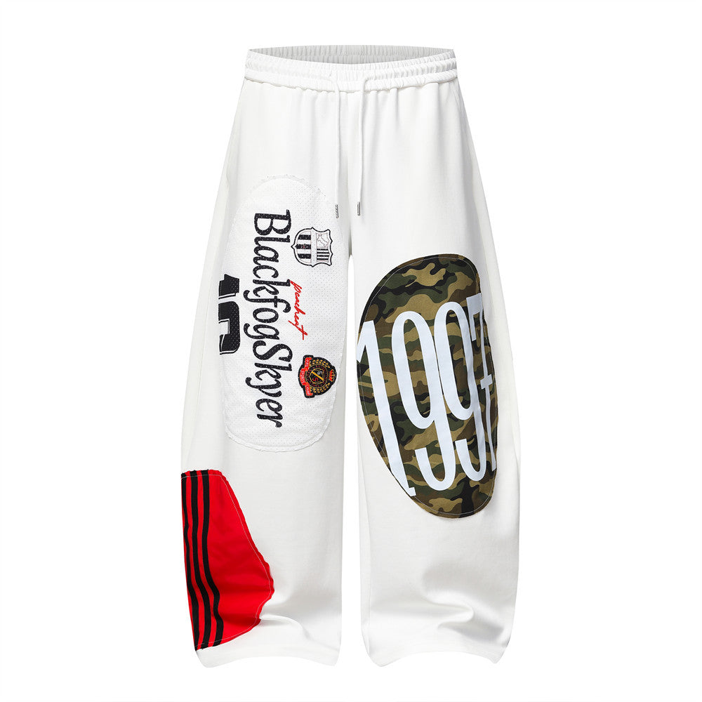 Jogging wide-leg patchwork – Appliqués camouflage et mesh, streetwear color block