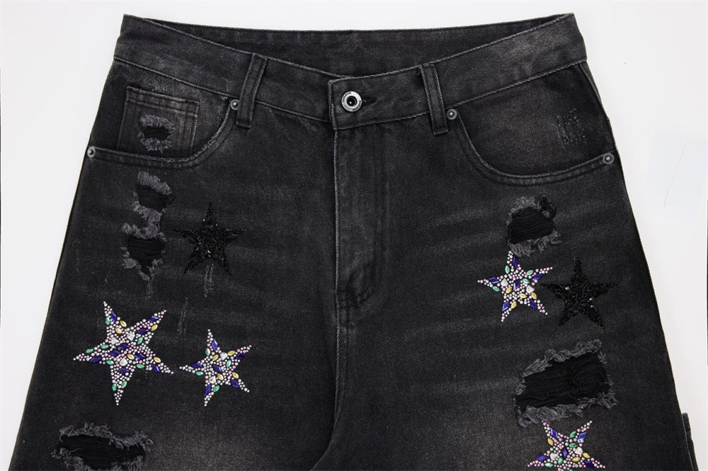 Ripped Baggy Jeans Men – Star Rhinestone & Sequin Wide-Leg Black Distressed