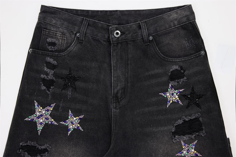Ripped Baggy Jeans Men – Star Rhinestone & Sequin Wide-Leg Black Distressed