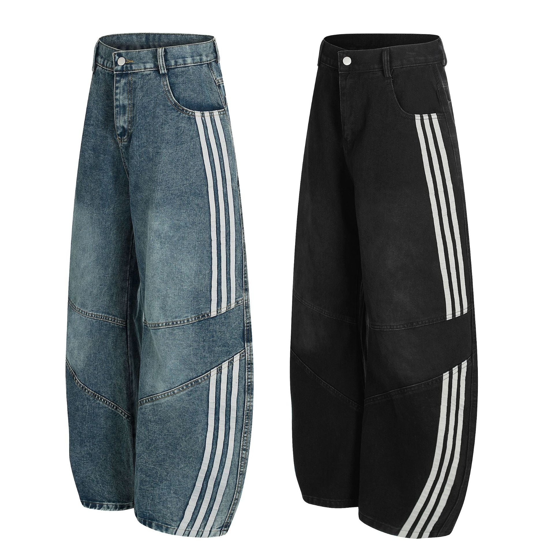Wide-Leg Deconstructed Jeans with Triple Side Stripes – Loose Fit Baggy Denim
