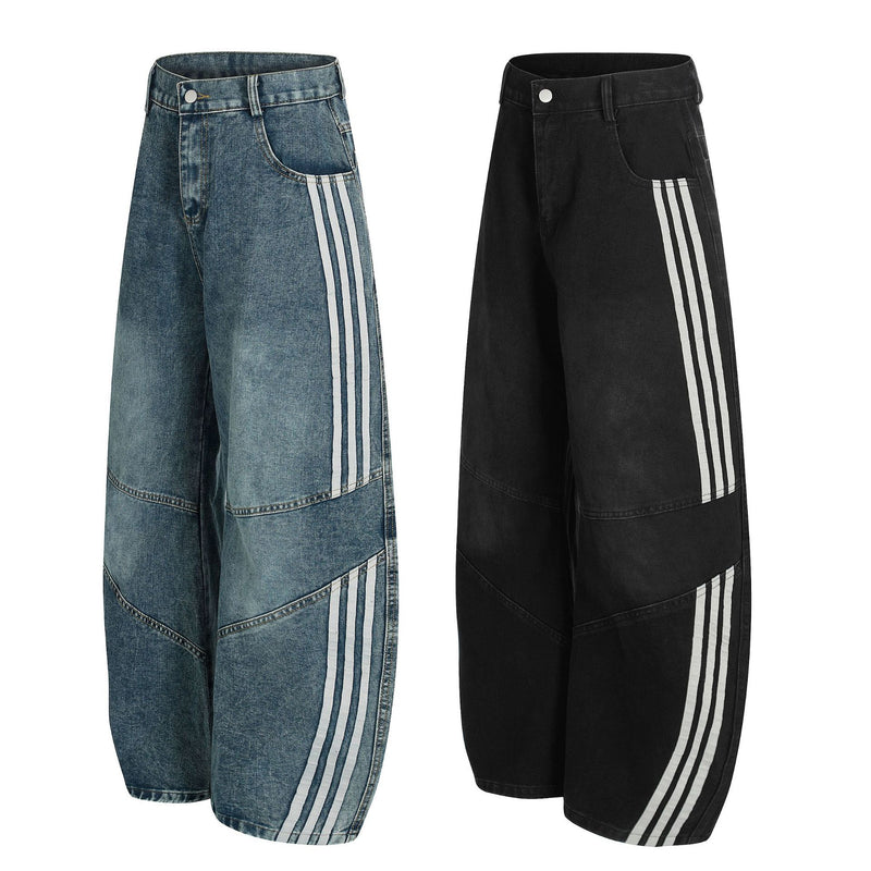 Wide-Leg Deconstructed Jeans with Triple Side Stripes – Loose Fit Baggy Denim
