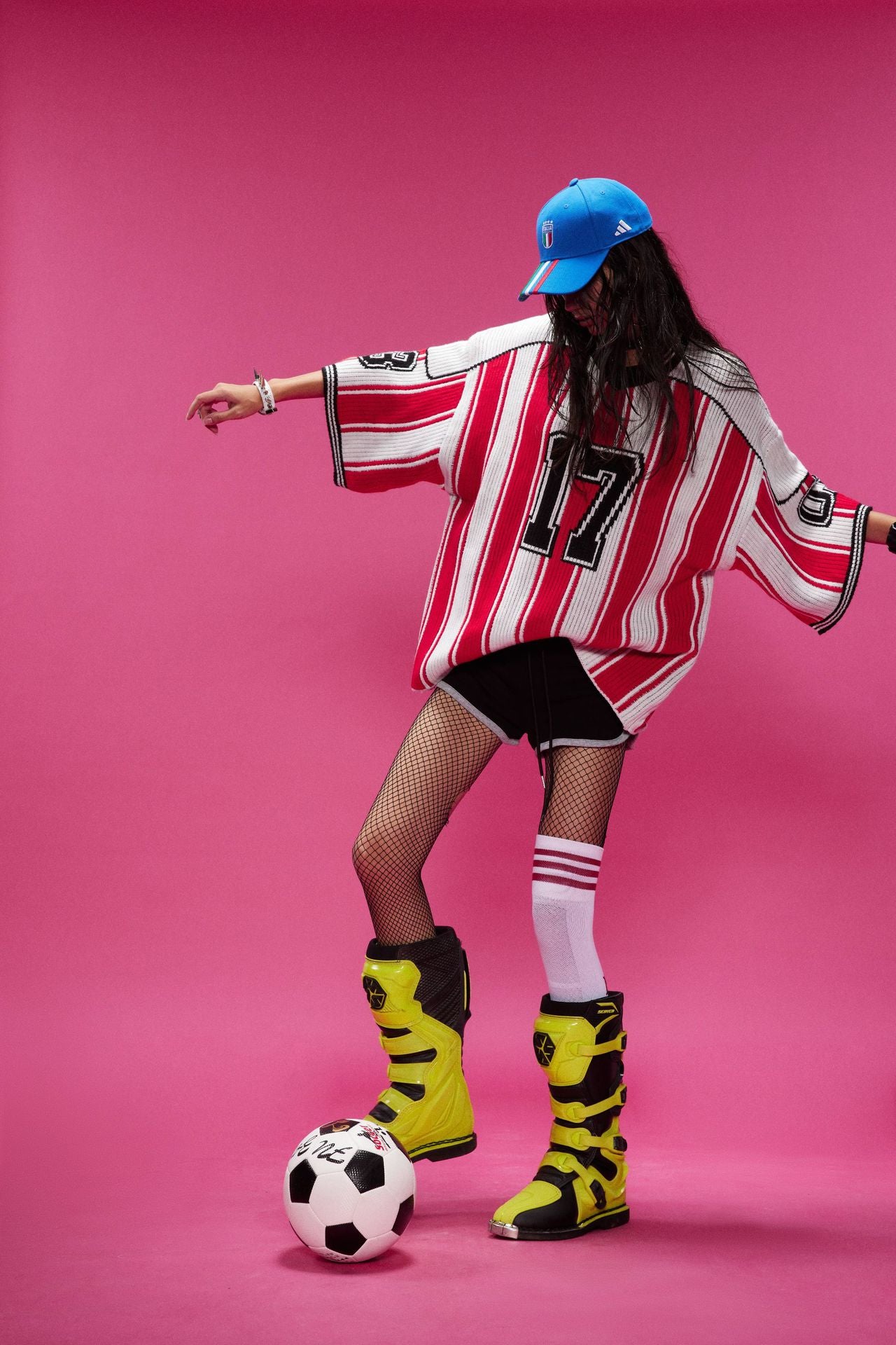 Red and White Striped V-Neck Sweater – Number 17 Oversized Knit Sports Jersey