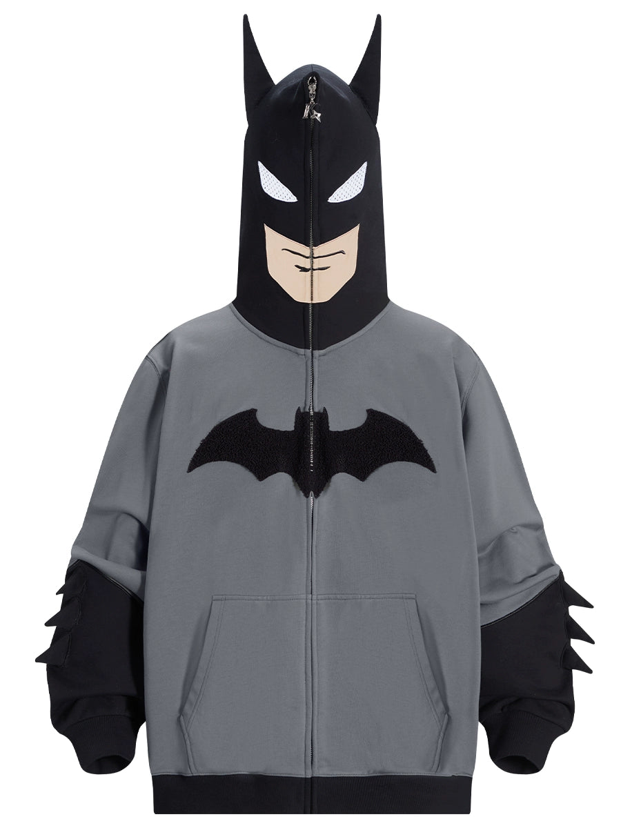 Von Batman inspirierter Hoodie – Übergroßes Superhelden-Sweatshirt in Grau und Schwarz mit Reißverschluss, 400 g/m²