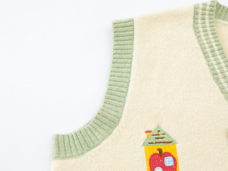 Cartoon Embroidered Knit Sweater Vest – V-Neck Colorblock College Style