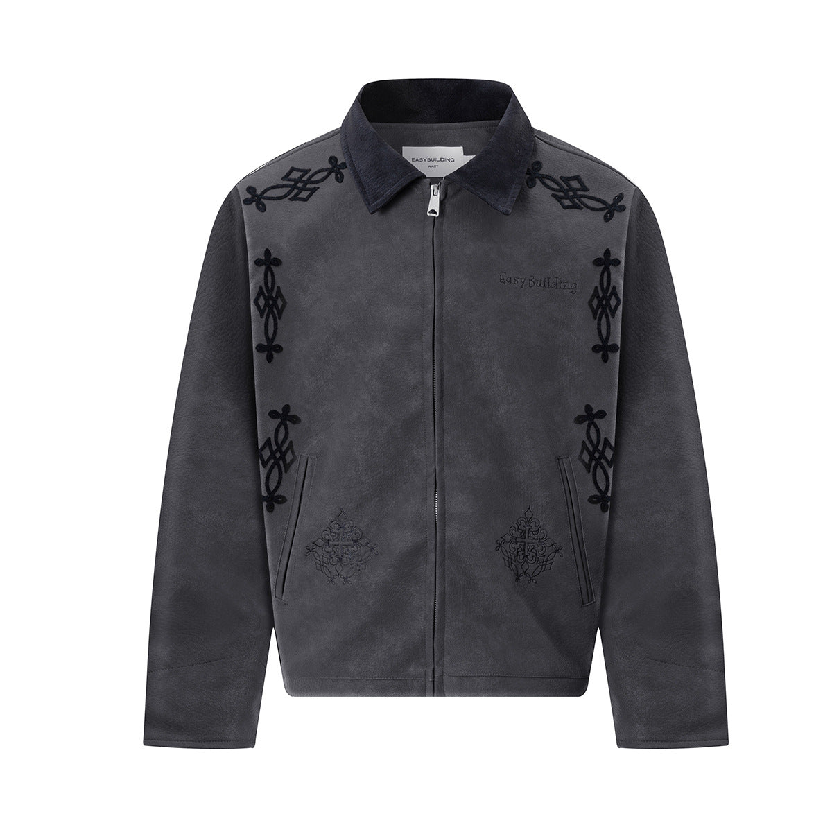 Veste oversize raccourcie en similicuir, broderies gothiques de croix et florales, col en velours côtelé et fermeture zippée intégrale, coloris anthracite