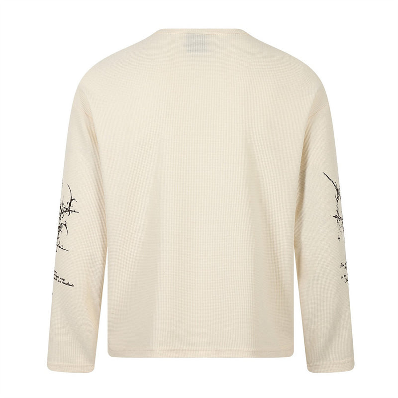 Gothic Cross & Angel Print Henley Long-Sleeve Shirt – Waffle Knit Hip-Hop Top