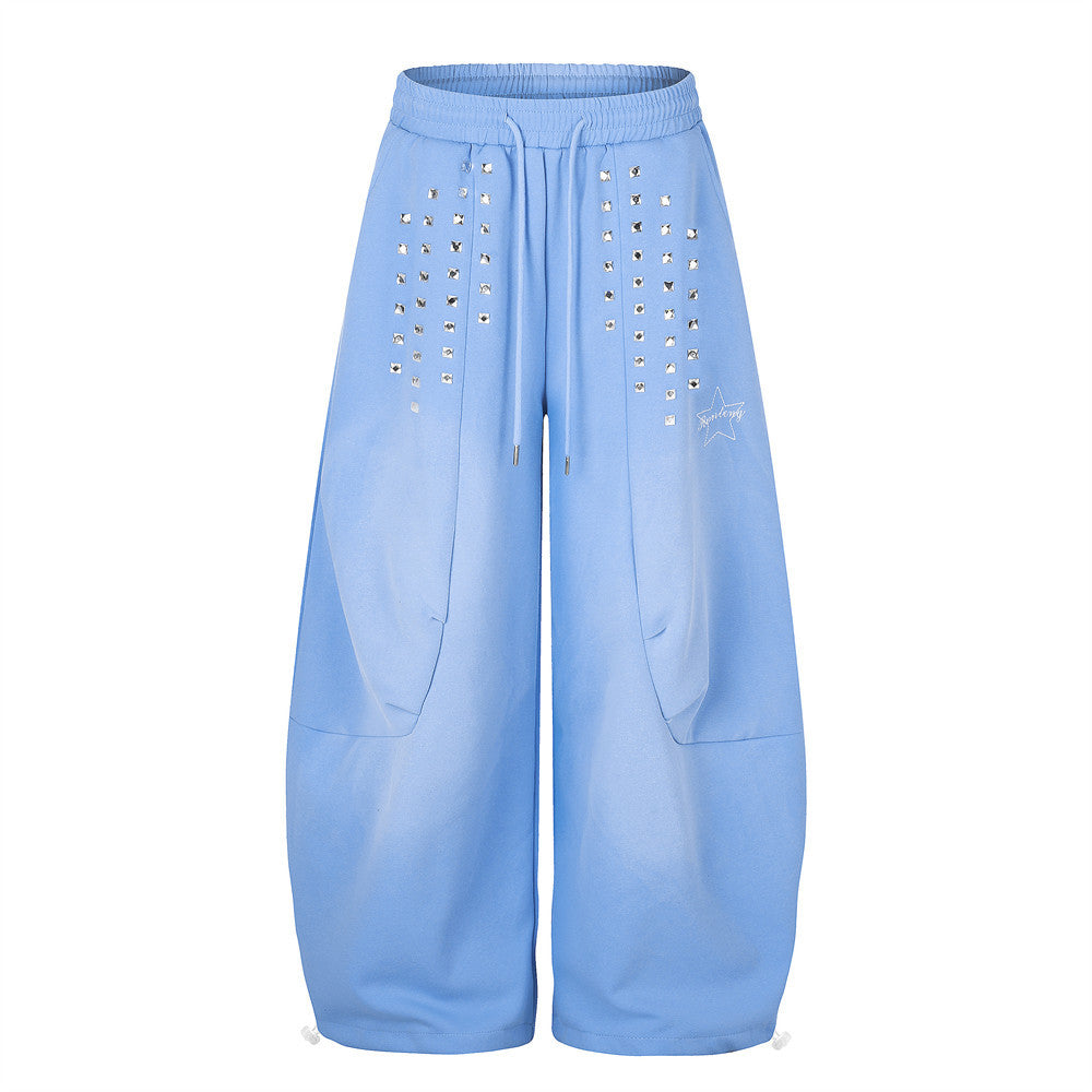 Wide-Leg Sweatpants with Square Stud Embellishments and Drawstring Waist