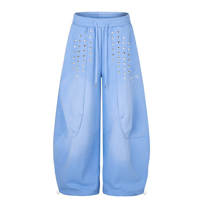 Wide-Leg Sweatpants with Square Stud Embellishments and Drawstring Waist