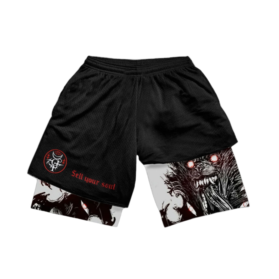 Demonic Beast Gym Shorts - Dark Anime Workout Shorts para hombres y mujeres | Ropa de fitness de terror gótico