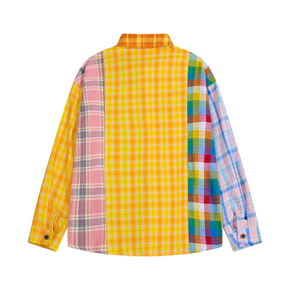 Patchwork Plaid Long Sleeve Shirt with Cartoon Puppy Embroidery — Oversized