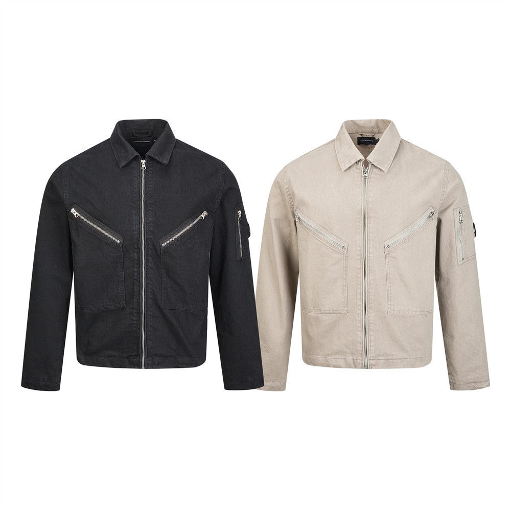 Men Zip-Up Jacket with Multi-Pocket Design – Vintage Washed Workwear Overshirt