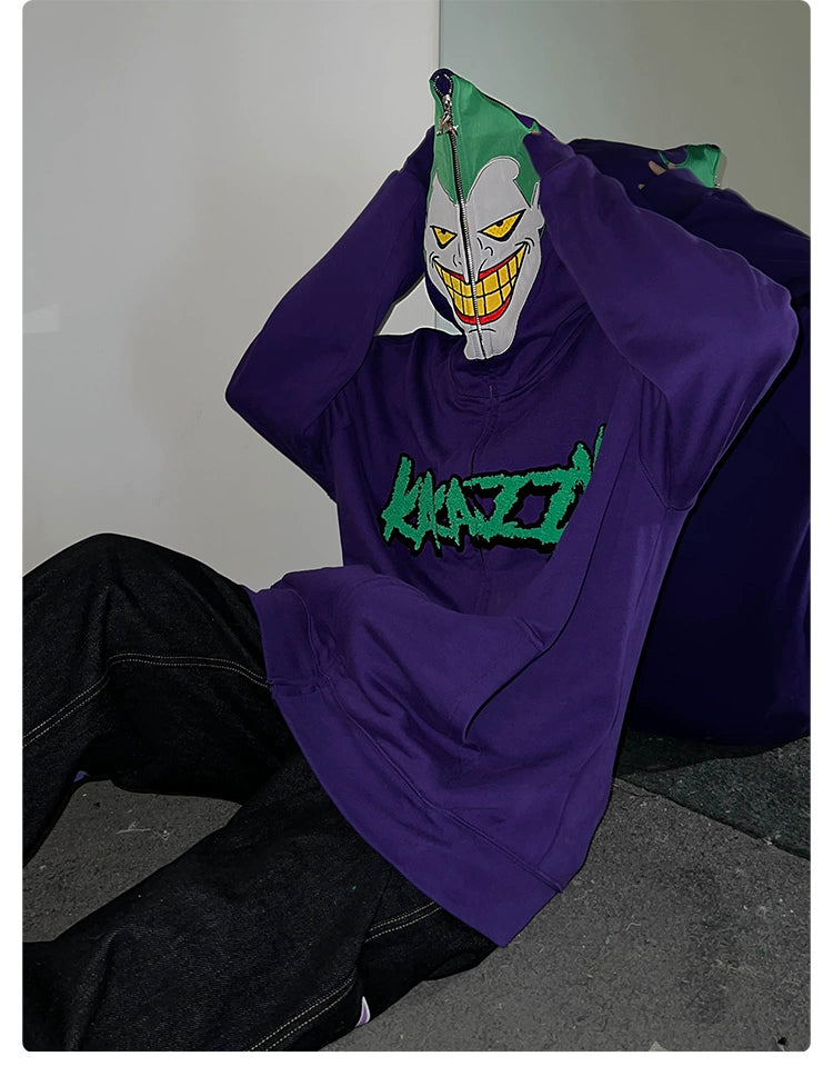 Vom Joker inspirierter Hoodie – Übergroßes, lila Superschurken-Sweatshirt mit Reißverschluss, 400 g/m²