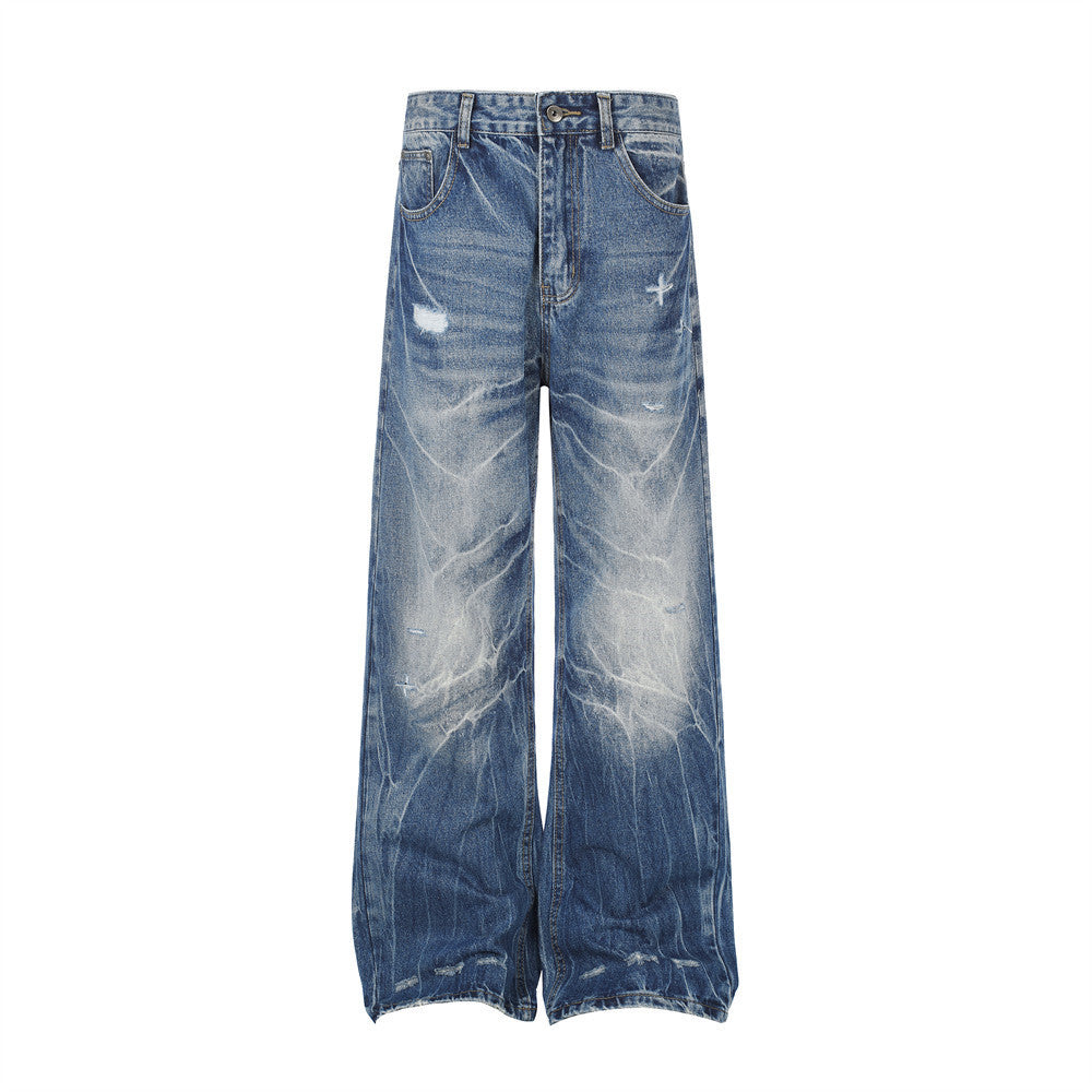 Jeans délavés usés à jambes larges – Denim vintage punk délavé pour homme